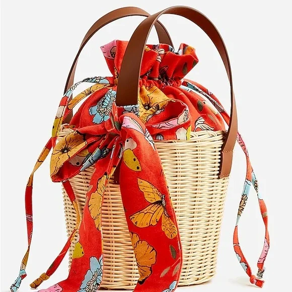 J CREW DAUPHINETTE WICKER BASKET HANDBAG LEATHER STRAPS NWT